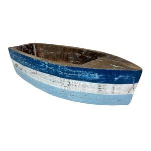 12 Inch Wooden Boat Tray – Nautical Blue Coastal Decor Centerpiece Bowl